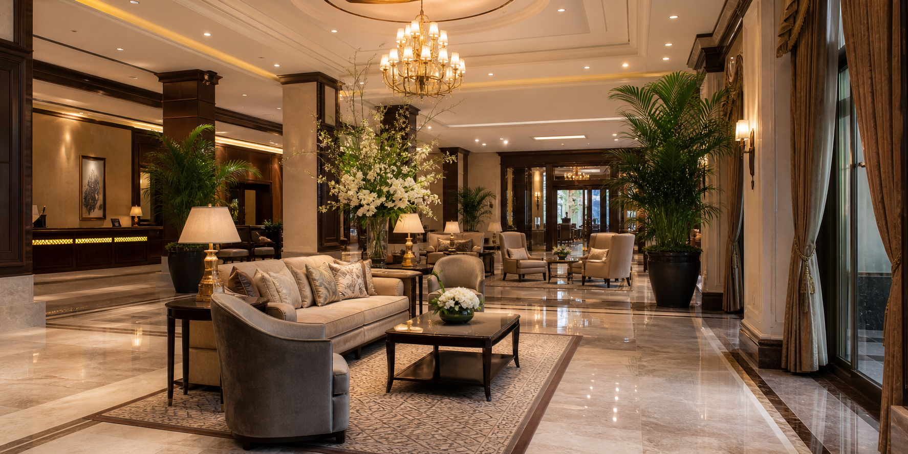 Elegant finished interior with upholstered furniture, curtains, and decorative materials